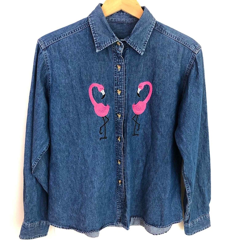 Vintage Y2K Denim Medium Flamingo Airstream Camper Embroidered Button Down Shirt